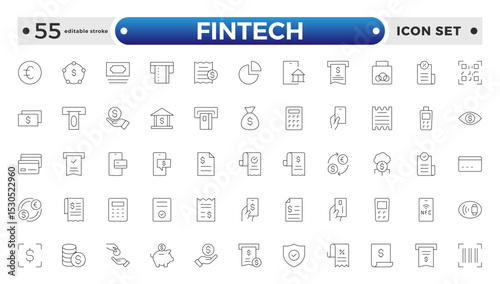 Fintech outline Icons set. Containing Financial, Digital Native, Cloud Tech, Cashless Payment, Digital Economy, Mobile Payments and more. Editable stroke outline icon.
