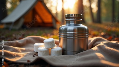 Thermos and marshmallows on picnic blanket near tent at sunset, Perseid camp evening photo