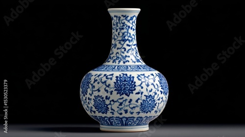 A fine white Ming vase showcases its long elegant neck and intricate blue floral designs. The vase is positioned against a dark backdrop, emphasizing its exquisite craftsmanship and beauty