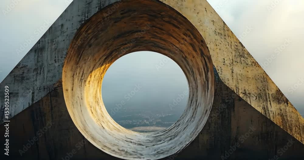 A large concrete triangular structure with a circular opening overlooks a cityscape under a cloudy sky.