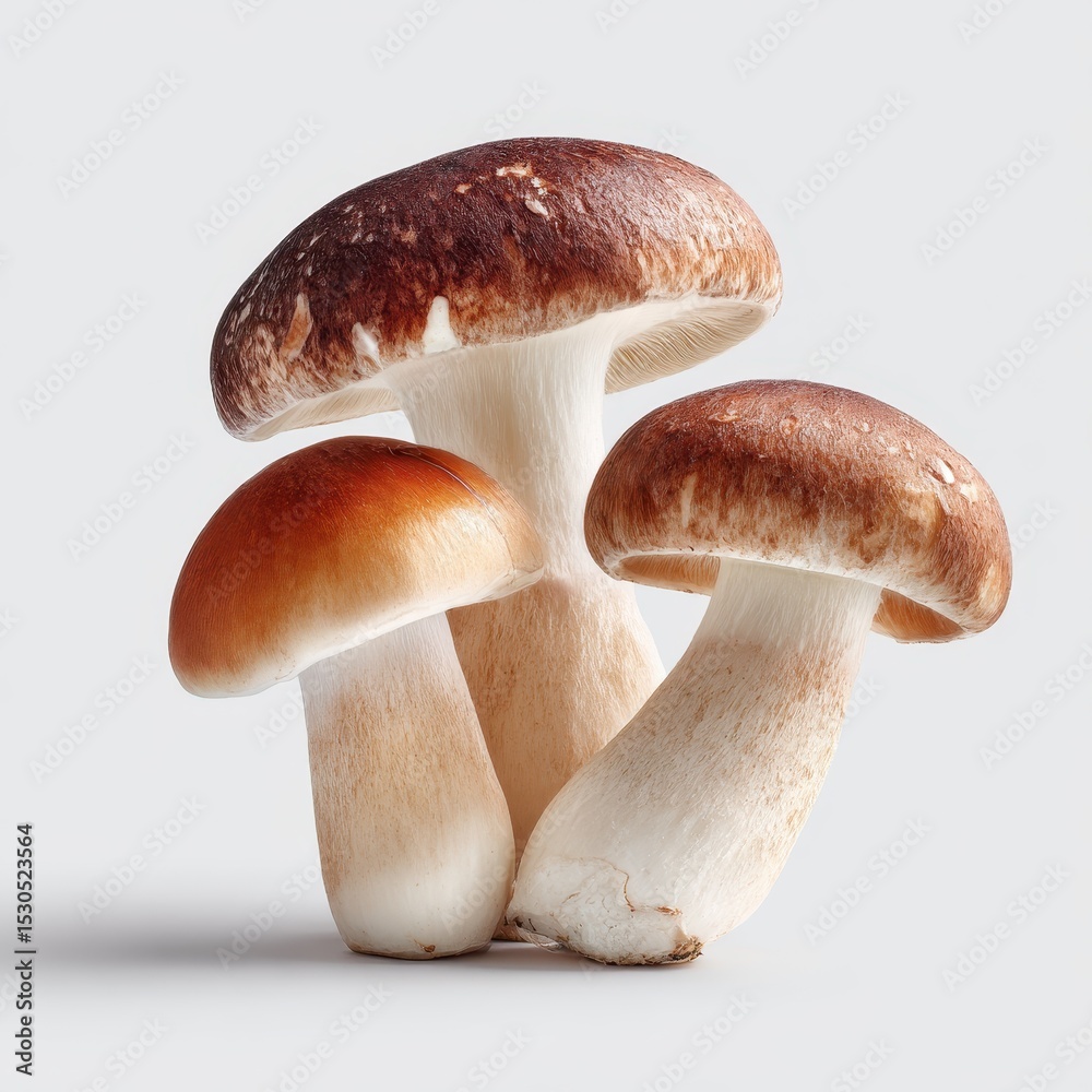 Three mushrooms, various shades of brown and white, on a light background Three mushrooms, various shades of brown and white, on a light background