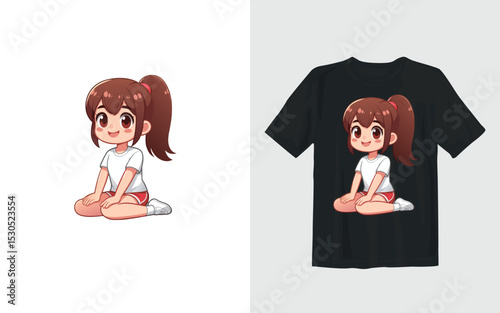 Cute Cartoon Girl Sitting Design for T Shirt Print or Sticker