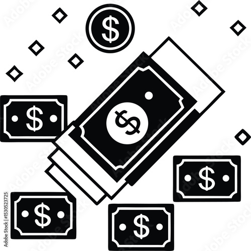 Money Pile Currency with Dollar Sign and Diamond Shapes on White Background