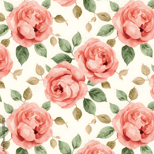 Seamless Watercolor Floral Background with Pink Roses and Green leaves on a white background. GridView Vintage Style. 

