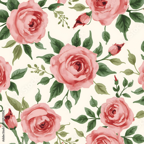 Seamless Watercolor Floral Background with Pink Roses and Green leaves on a white background. GridView Vintage Style. 
