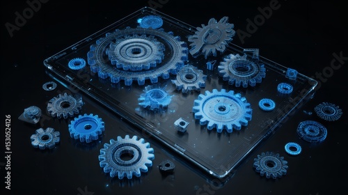 Gears and Tablet Device Low Poly Blue.

