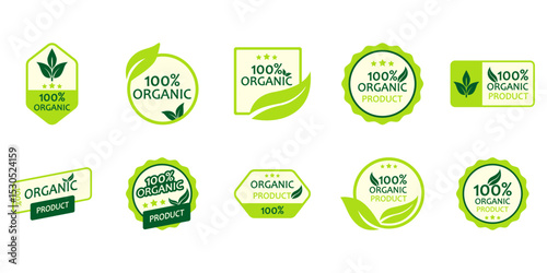Set of organic label product. Green healthy organic natural eco bio food products label, logo, stamp. Vector isolated.