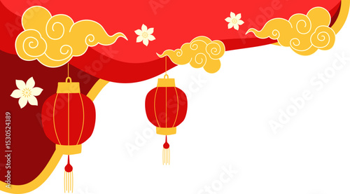 Chinese corner with cloud, lantern, and oriental flower style. Traditional golden chinese corner.  Vector isolated.