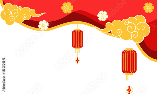 Chinese corner with cloud, lantern, and oriental flower style. Traditional golden chinese corner.  Vector isolated.