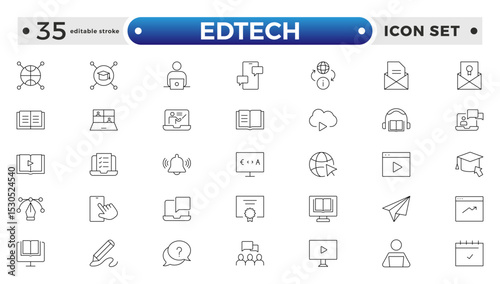 Edtech outline icon set representing online education and virtual learning. Includes icons of students, teachers, laptops, graduation caps, certificates, video tutorials. Editable stroke outline icon
