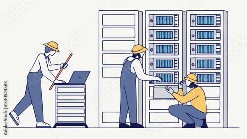 Technicians working on servers in a data center with one using a laptop and another installing hardware