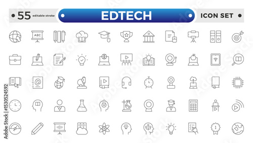 Edtech outline icon set representing online education and virtual learning. Includes icons of students, teachers, laptops, graduation caps, certificates, video tutorials. Editable stroke outline icon
