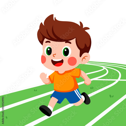 Cute Cartoon Boy Running on a Track. Vector illustration.