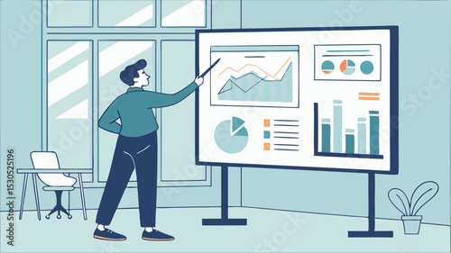 Man presenting business data on a whiteboard with graphs and charts in a modern office environment today