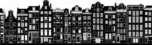  black and white silhouette of a row of buildings, houses, european buildings