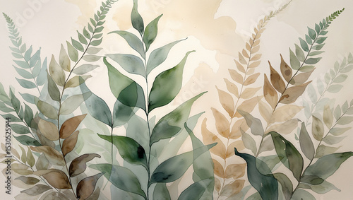 Watercolor painting of botanical fern leaves in earthy tones for artistic design
