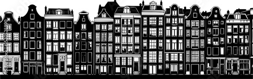  black and white silhouette of a row of buildings, houses, european buildings