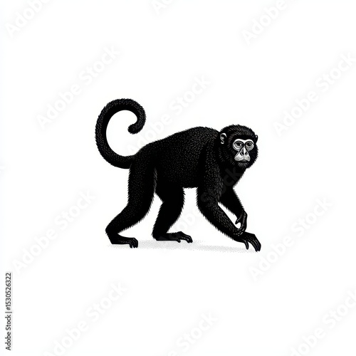 A detailed black and white vector design showcases a monkey walking on all fours with a unique curled tail. The illustration highlights the animal's features and movements in a striking manner