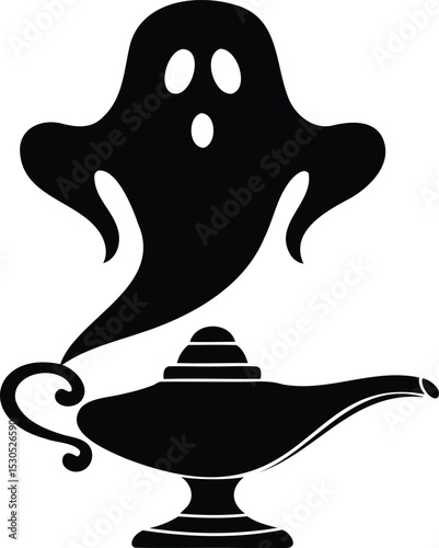 Ghost floating from antique magic lamp in a swirling silhouette style, ideal for fantasy tales, spooky themes, Halloween decorations, and folklore visuals