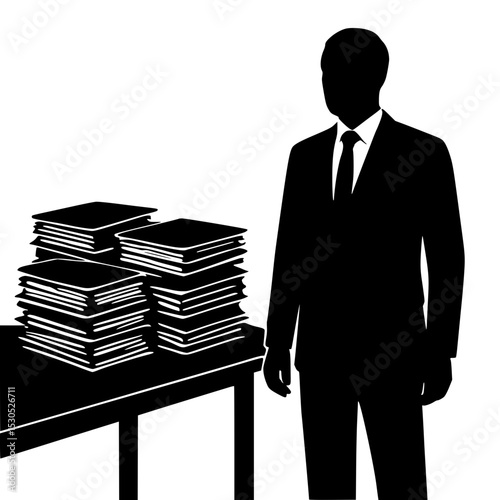 Businessman standing beside stack of paperwork at office desk  