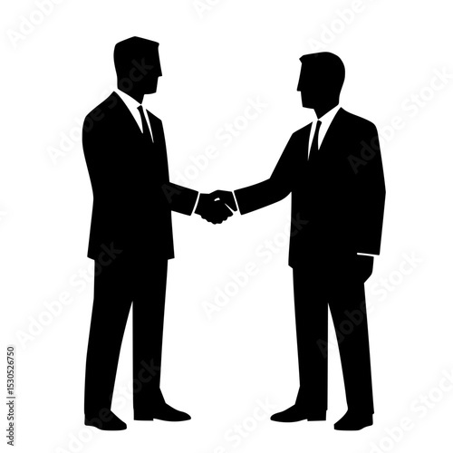 Two businessmen shaking hands in formal suits against a plain background  