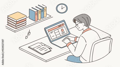 Person sitting at desk with laptop, books, notebook, and clock in a cozy study environment at home