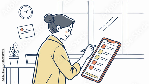 Woman with bun hairstyle using stylus on tablet with checklist near window and desk with plant and clock