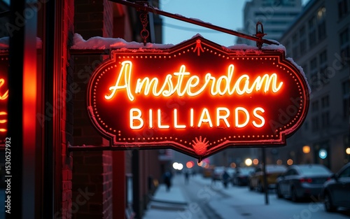 Amsterdam Billiards Club vintage neon sign on a snowy winter night in the East Village, Manhattan, New York City. High quality