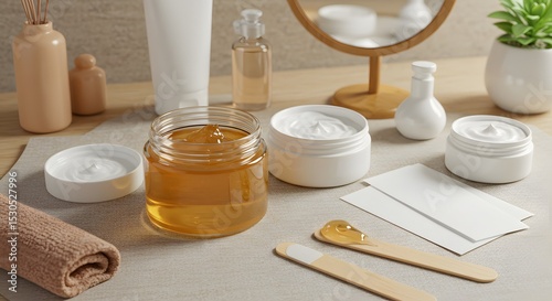 Creams, ointments and waxing gels are placed on the table. Spa and cosmetics product concept photo.