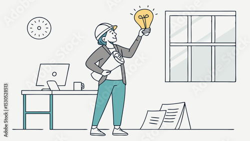 Illustration of an architect holding a light bulb and blueprint in an office with desk and window design