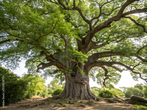 Ancient tree with sprawling branches and lush green leaves