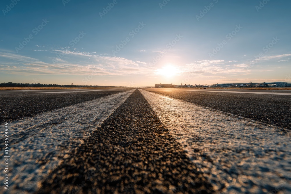 Fototapeta premium Runway at sunset, perspective leading to horizon