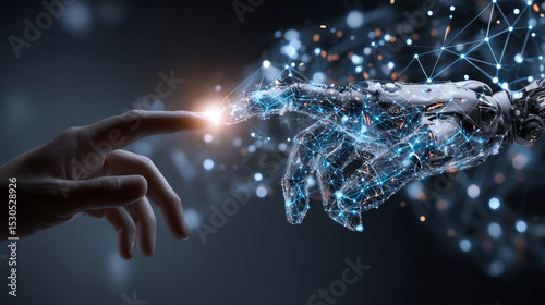 A hand touches the machine learning network, connecting data, algorithms, neural networks, automation, predictive analytics, computer vision, natural language processing, and intelligent systems.