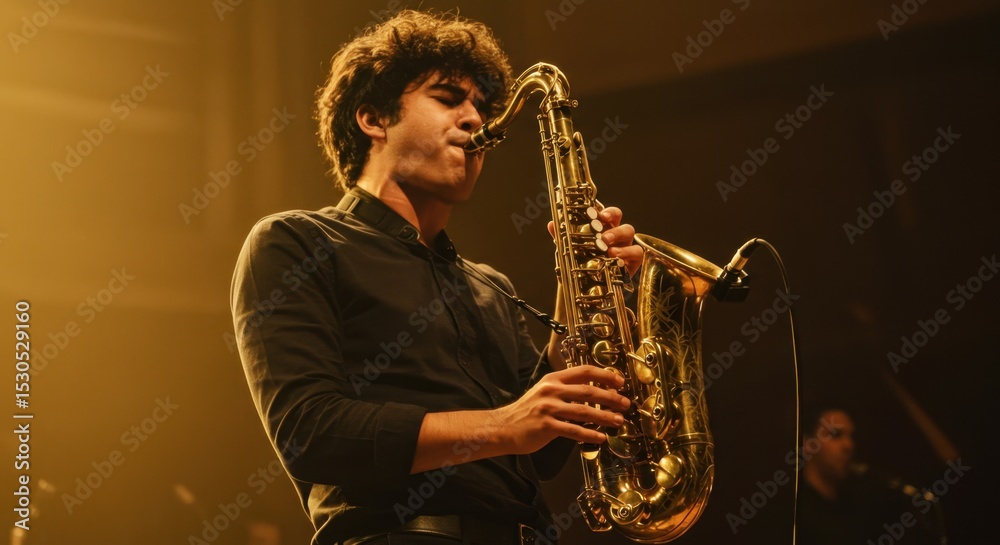 Obraz premium Saxophonist Leaning into the Performance