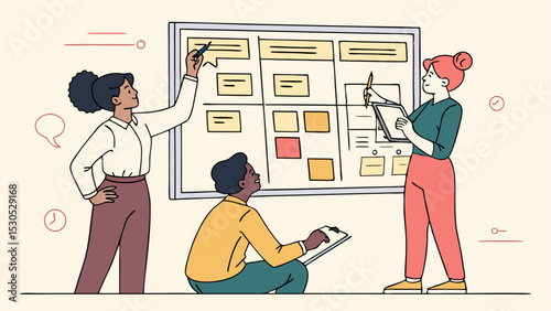 Three people collaborating on a project using a kanban board with sticky notes and clipboards shown