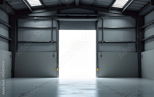 An industrial warehouse space featuring large doors and high ceilings, an empty environment that conveys a sense of potential and waiting for new beginnings. High quality