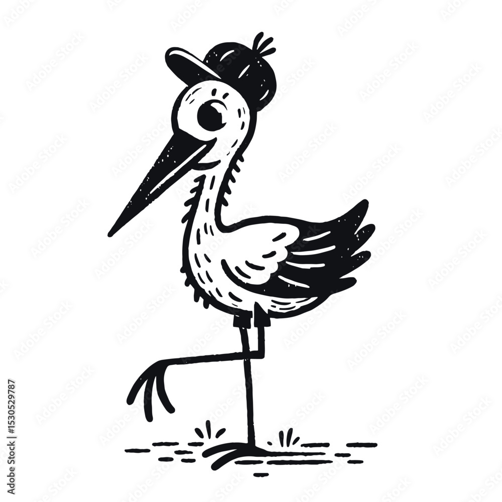 Fototapeta premium Playful Bird with Cap Whimsical Black and White Line Art Illustration