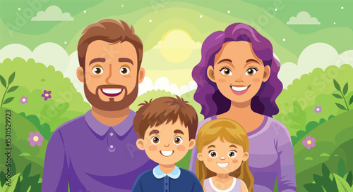 Happy Family Portrait in a Lush Garden Setting - Flat Illustration