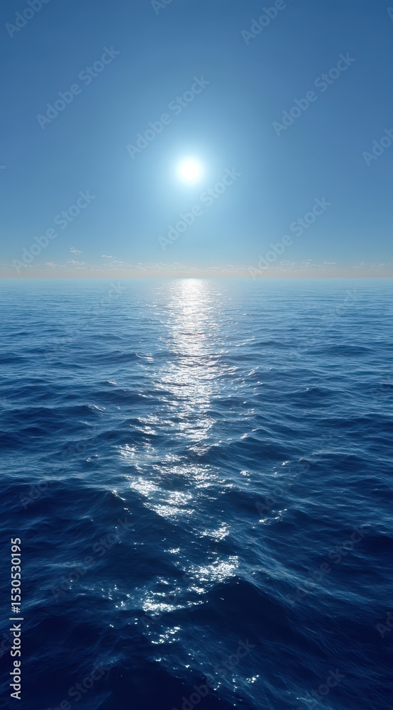 Obraz premium A vast deep blue ocean stretches endlessly under a radiant sun, illuminating the water's surface with a shimmering glow. Gentle waves create a calming atmosphere