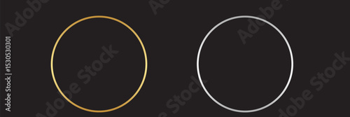 Gold  and silver circle thin frames. Blank metal ring, button, stamp, emblem, sticker, label. First, second and third place medals isolated on black background. Abstract vector illustration set. Eps10