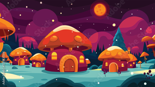 Whimsical Mushroom Village Under Starry Night Sky - Flat Illustration