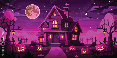Spooky Halloween Night With Haunted House and Glowing Pumpkins - Flat Illustration