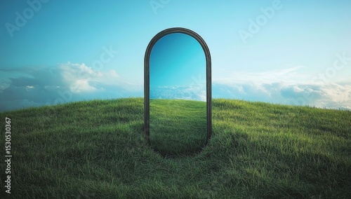 Surreal Mirror Portal In Grassy Landscape