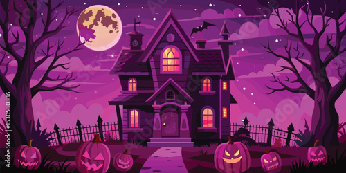 Spooky Halloween Night Haunted House Under a Purple Sky
