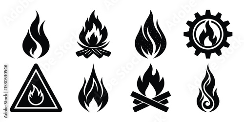 Flaming heat hazard icons: a vector set of burning fire and hot symbols