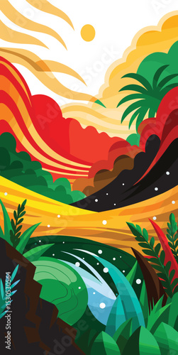 Juneteenth Abstract Background. Vibrant Tropical Landscape in Abstract Flat Illustration