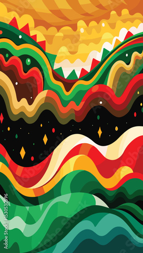Juneteenth Abstract Background. Vibrant Abstract Landscape with Colorful Waves - Vector Illustration
