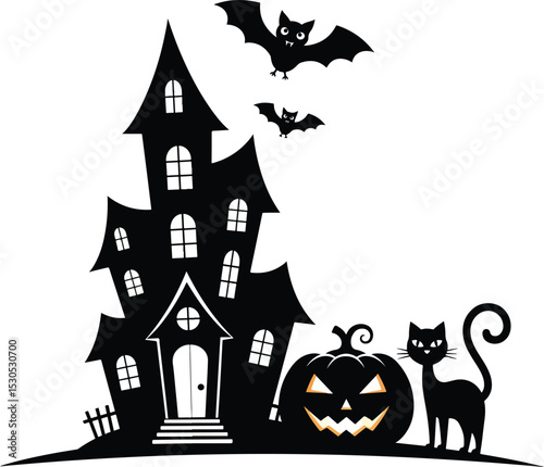 Spooky Halloween Night Silhouette with Haunted House, Jack-o'-Lantern, Black Cat, and Flying Bats
