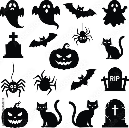  Assorted Halloween Silhouettes: Ghosts, Bats, Spiders, Black Cats, Jack-o'-Lanterns, and Gravestones