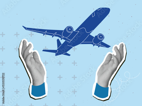 Black and white hands with a flying plane. Modern collage style. Vector illustration